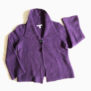 Casual purple cardigan sweater.